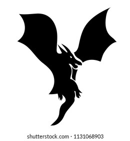 Dragon black silhouette. Modern flat cartoon vector illustration icons. Isolated on white background. Dragon with outstretched wings. Chinese european dragon silhouette. Flying monster face with horns
