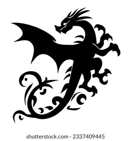 Dragon, black silhouette on a transparent background. Vector drawing of a cat for tattoo, stencil, engraving.

