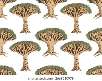 Drachenblutbaum nahtloses Muster. Socotra Insel dracaena cinnabari endemischen Baum Hintergrund. Vektorgrafik