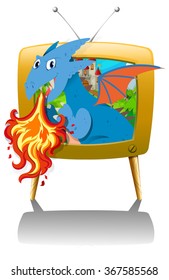 Dragon blowing fire on TV illustration