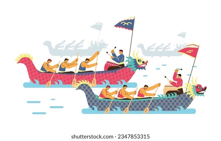 Dragon boat chinese festival. People on two Dragon boat in river. Competition on long boat with dragon body and flag. Asian men are rowing, the drummer is beating drum vector cartoon illustration