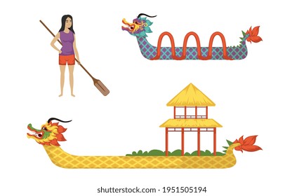 Dragon Boat as Chinese Wooden Watercraft and Female with Oar Vector Set