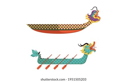 Dragon Boat as Chinese Wooden Watercraft Vector Set