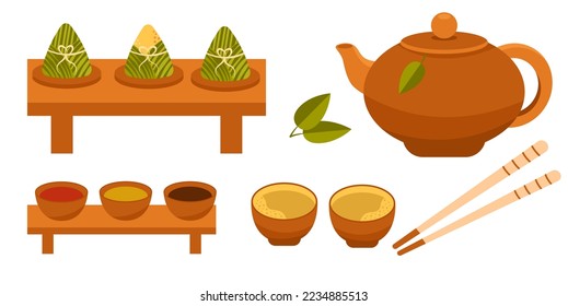 Dragon boat event set. Rice dumplings,Traditional Chinese clay teapot and tea cups with sauce and chopsticks. Vector illustration, collection in flat design