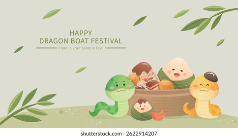 Dragon Boat Festival advertisement or event poster, cute mascot and snake character