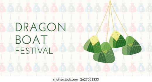 Dragon Boat Festival background with zongzi, rice, sachets and pattern light green color. Vector illustration for Duanwu Festival