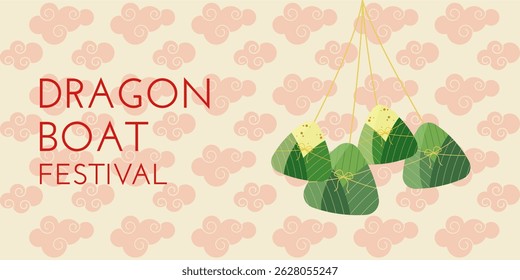 Dragon Boat Festival background with zongzi, rice, Chinese clouds and pattern light green color. Vector illustration for Duanwu Festival