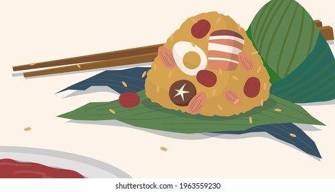 Dragon Boat Festival. Banner for Duanwu festival in flat style,
zongzi dumplings, rice, pork, egg, peanut wrapped with bamboo leaves. Hand drawn vector illustration. Happy dragon boat festival