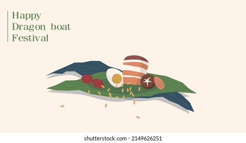 Dragon Boat Festival. Banner for Duanwu festival in flat style,
zongzi dumplings, rice, pork, egg, peanut wrapped with bamboo leaves. Hand drawn vector illustration. Happy dragon boat festival