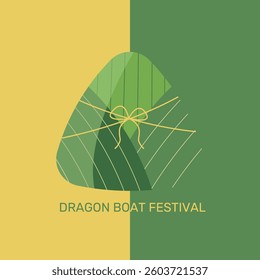 Dragon Boat Festival banner with zongzi, rice and bow. Decorative yellow and green background. Vector illustration for Duanwu Festival
