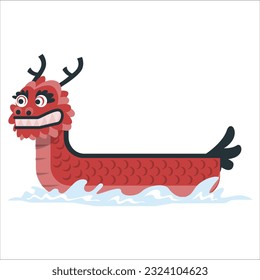 Dragon Boat Festival card. Cute cartoon dragon boat. Chinese Festival. Dragon Boat Festival for racing dragon boat with waves vector illustration. Duanwu Festival, 5th of May Lunar calendar.