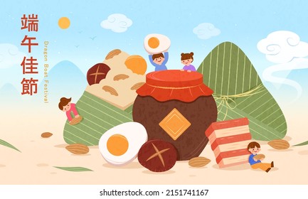 dragon boat festival concept with children and zongzi behind the egg and wine urn