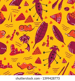 Dragon boat festival concept. Vector seamless pattern with traditional Chinese holiday. Perfect print for textile, wallpaper, wrapping paper. Handdrawn funky design elements: koi fish, bamboo, zongzi