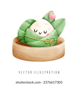 Dragon boat festival with cute rice dumplings in watercolor style. Vector illustration
