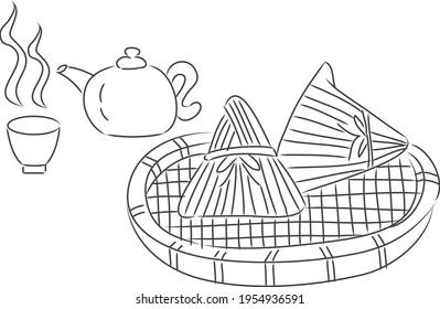 Dragon Boat Festival delicious meat dumplings and Chinese tea art painting black and white line draft style. Translation: Dragon Boat Festival