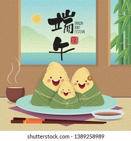 Dragon boat festival or Duan Wu festival vector illustration. Cute cartoon chinese rice dumpling family with chopstick, hot tea & beautiful landscape. (caption: Dragon boat festival, 5th of may)