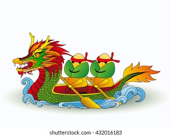 Dragon boat festival dumplings. Boat dragon and sun backdrop and text in festival of china