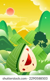 Dragon boat festival, eating rice dumplings and rowing dragon boats on tumbler festival, with mountains and plants in the background, vector illustration