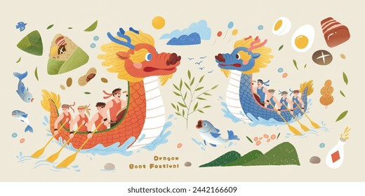 Dragon boat festival elements isolated on beige background with dragon boats, food, and decorations.