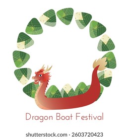 Dragon Boat Festival frame with decorative zongzi, rice and Dragon Boat. Vector illustration for Duanwu Festival