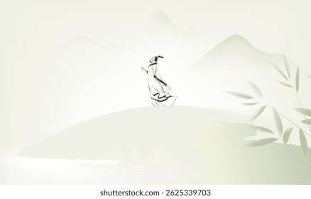 Dragon Boat Festival horizontal illustration Qu Yuan and ink landscape
