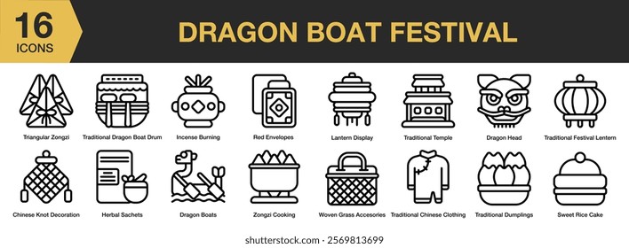 Dragon Boat Festival icon set. Editable Stroke Icon Collection. Includes oriental, dragon, chinese, traditional, boat, and More. Outline icons vector collection.