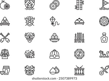 Dragon boat festival icons collection is a vector illustration with editable stroke.