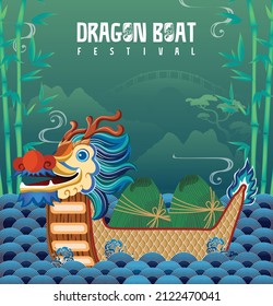 Dragon Boat Festival illustration. Concept of celebrating the holiday and enjoying zongzi.