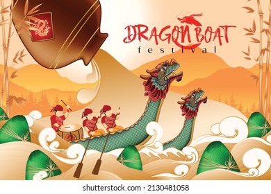Dragon Boat Festival illustration. Concept of celebrating the holiday and enjoying zongzi.