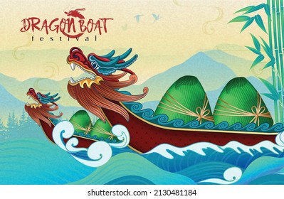 Dragon Boat Festival illustration. Concept of celebrating the holiday and enjoying zongzi.