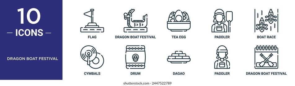 dragon boat festival contorno conjunto de iconos incluye bandera de línea delgada, festival de bote de dragón, huevo de té, remo, carrera de botes, platillos, iconos de tambor para informe, presentación, diagrama, Diseño web