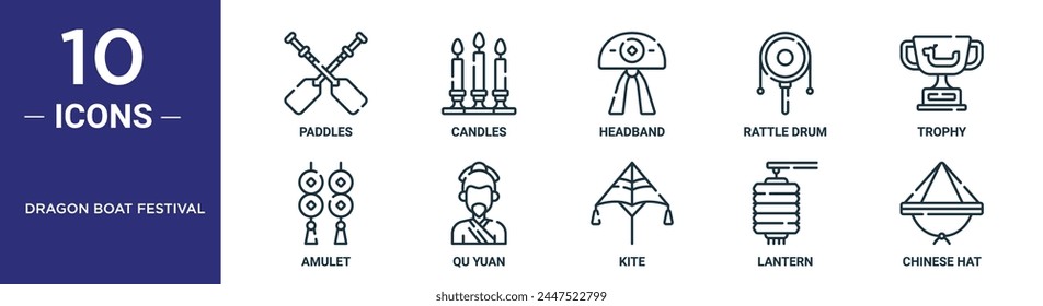 dragon boat festival outline icon set includes thin line paddles, candles, headband, rattle drum, trophy, amulet, qu yuan icons for report, presentation, diagram, web design