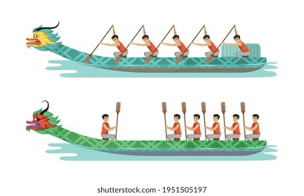 Dragon Boat Festival with Participants Taking Part in Racing Using Paddle Vector Set