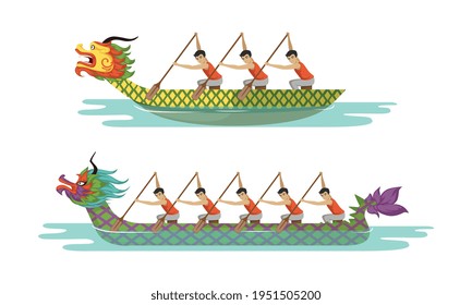 Dragon Boat Festival with Participants Taking Part in Racing Using Paddle Vector Set