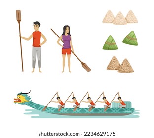 Dragon Boat Festival with Participants Taking Part in Racing Using Paddle and Rice Dumpling Vector Set