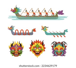 Dragon Boat Festival with Participants Taking Part in Racing Using Paddle and Mask Vector Set