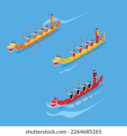 Dragon boat festival - people in long vessels on water 3d isometric vector illustration concept for banner, website, landing page, ads, flyer template