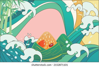 Dragon Boat Festival people are racing dragon boat with waves and zongzi in the background, vector illustration