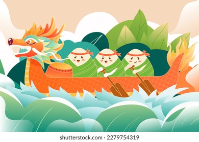 Dragon boat festival, people racing dragon boats on the river, vector illustration