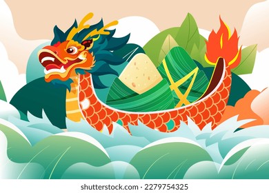 Dragon boat festival, people racing dragon boats on the river, vector illustration