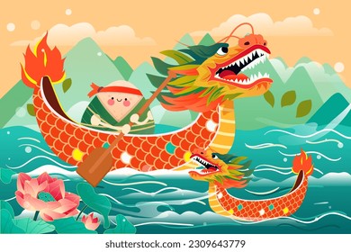 Dragon boat festival, people are rowing boats, river and plants in the background, vector illustration