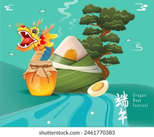 Dragon Boat Festival Poster Design with Chinese Zodiac Symbol Vector Illustration. Social Media Post, Banner Template 