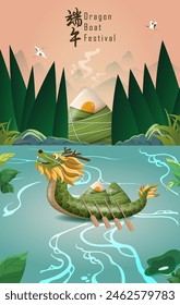 Dragon Boat Festival Poster Design with Chinese Zodiac Symbol Vector Illustration. Social Media Post, Banner Template 