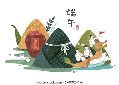 Dragon Boat Festival Poster In Flat Style, People Rowing Boat Alone Waves And Passing Through Rice Dumpling Islands, Chinese Translation: Duanwu, 5th May In Lunar Calendar, And Realgar Wine