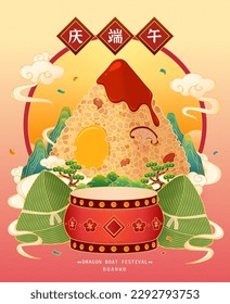 Dragon boat festival poster. Illustrated oriental golden line style giant zongzi surrounded by misty clouds, mountains, trees and drum on gradient background. Text: Happy Duanwu holiday