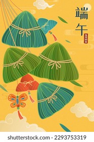 Dragon Boat festival poster. Illustrated strings of zongzi and butterfly ornament swaying in the breeze on yellow sky background. Text: Duanwu Holiday.