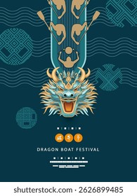 Dragon Boat Festival poster. Top view of dragon boat with rowers, waves and decorative elements in Chinese style . Chinese text - Dragon Boat Festival