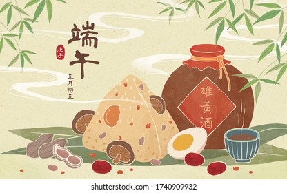 Dragon boat festival realgar wine and zonzi illustration on green background, Duanwu, date and wine's name written in Chinese calligraphy