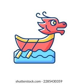 Dragon boat festival RGB color icon. Tuen Ng. Ornately carved boats. Sacred ceremony. Cultural activities, traditions. Ancient folk ritual. Painted dragon heads and tails. Isolated vector illustration