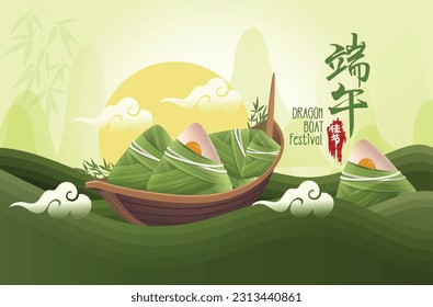 Dragon Boat Festival with rice dumpling and dragon boat on water